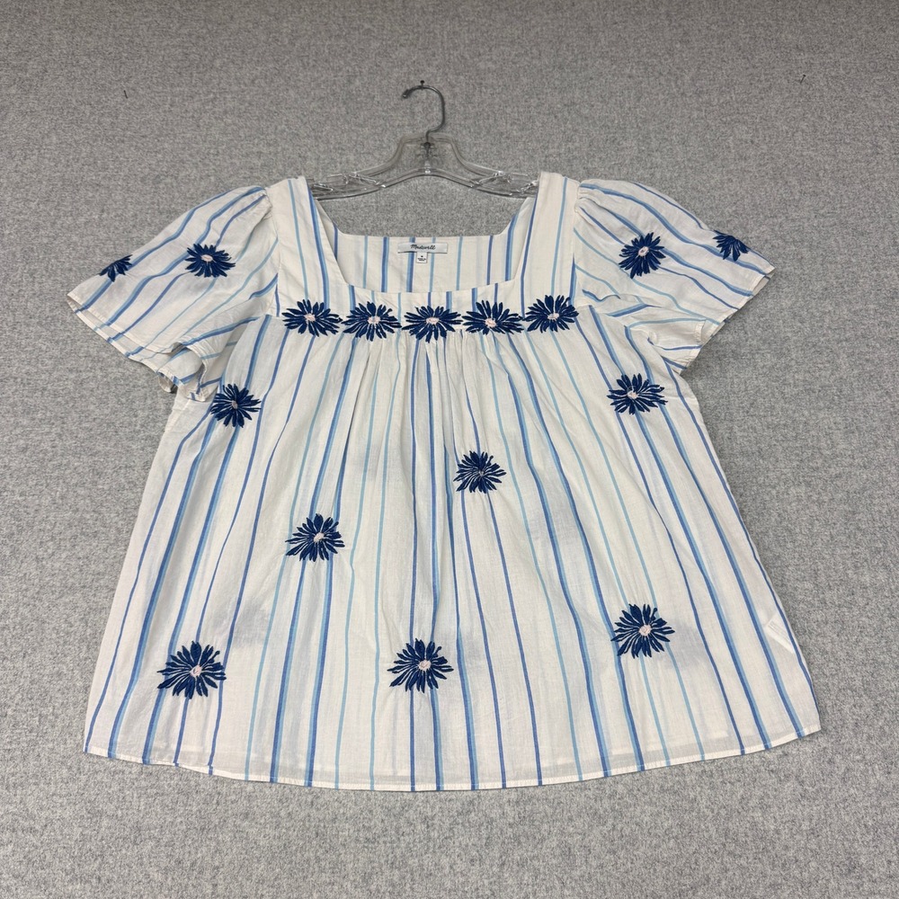 Madewell Blouse Size M White Blue Striped Embroidered Daisy Puff Sleeve Top